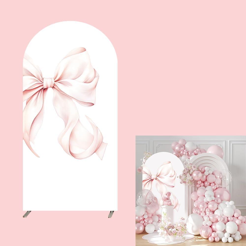 Blush Pink Ribbon Bow Arch Backdrop Cover Sweet Girls Birthday Party Baby Shower Cover Arched Wall Background Decor Backdrops 2-Sided 4x7.2ft