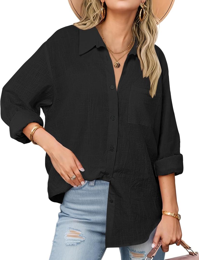 Zeagoo Women's Button Down Shirts Long Sleeve Cotton Gauze Tops Casual Collared Blouses Loose Fit (X-Large, Black)