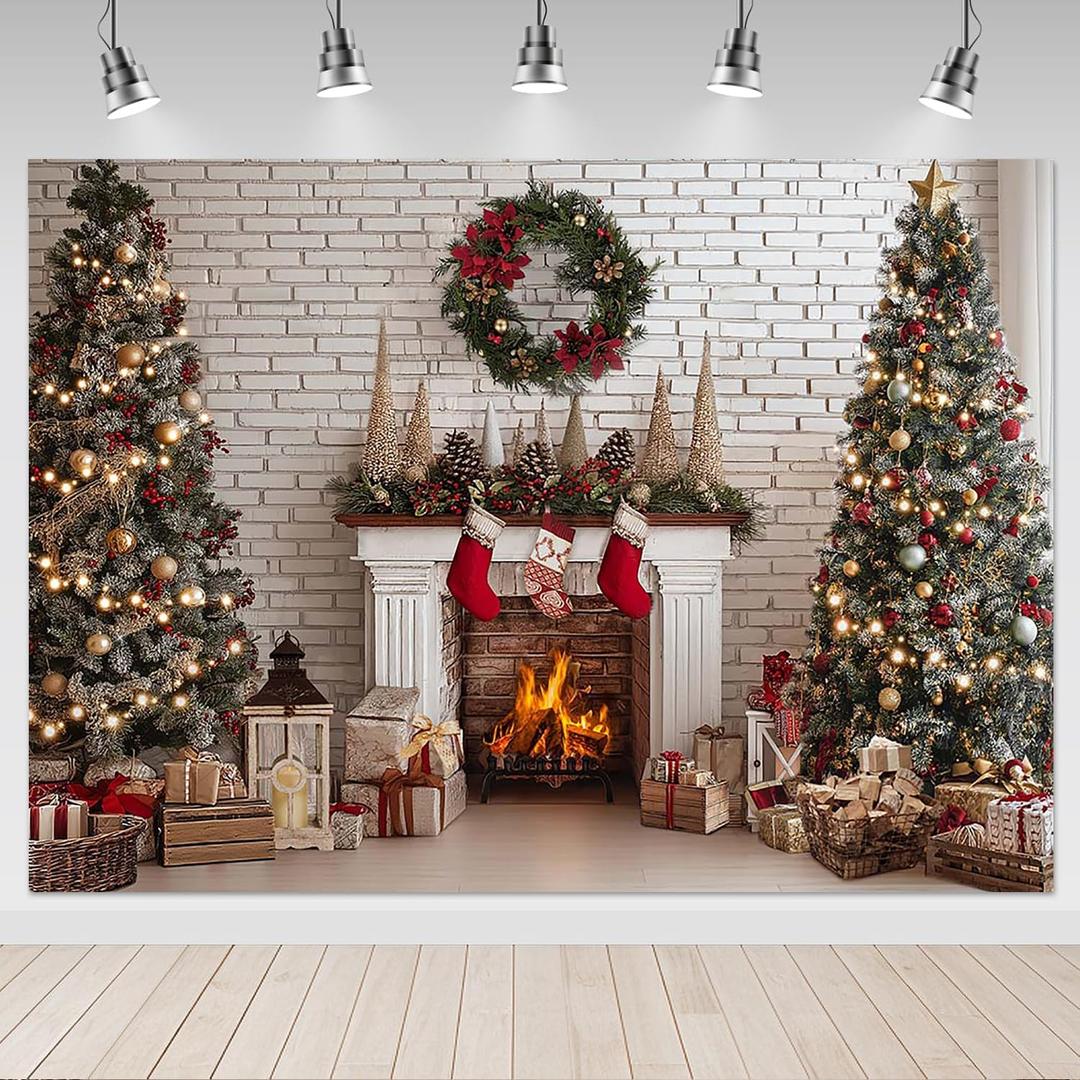 Mocsicka Christmas Fireplace Backdrop Christmas White Brick Wall Fireplace Photography Background Rustic Xmas Eve Family Holiday Party Christmas Tree Gifts Decorations Props (7x5ft)