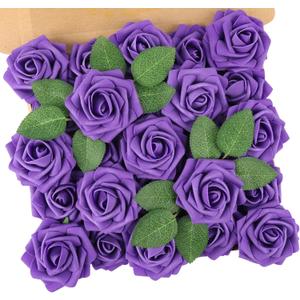 N&T NIETING Artificial Flowers Purple Roses, 25Pcs Fake Flowers Foam Roses with Stems for DIY Wedding Bridesmaid Bridal Bouquets Centerpieces Party Home Decoration Baby Shower