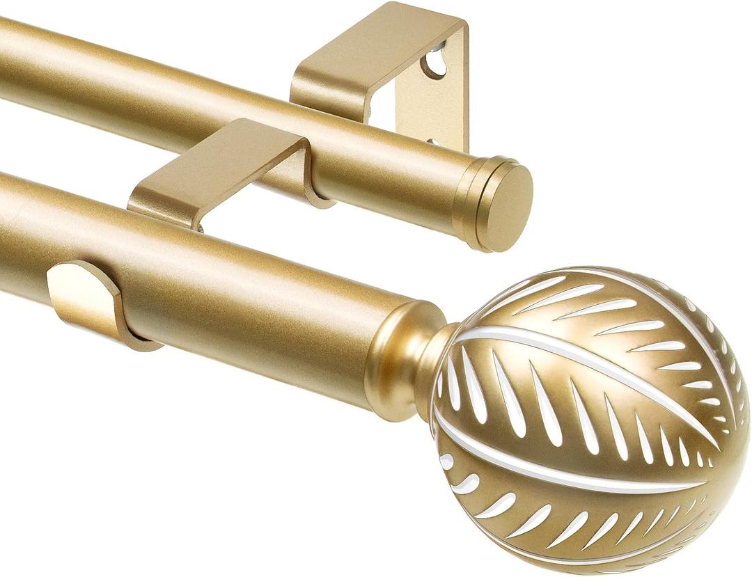 KAMANINA 1 Inch Wood Double Curtain Rods for Windows 36 to 72 Inches (3-6 Feet), Boho Heavy Duty Decorative Curtain Rods, Wooden Drapery Rods with Leaf Pattern Finials, Gold