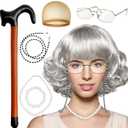 Old Lady Wig Costume Set for Women Girls,Short Curly Gray Hair Grandma Wig,Granny Costume Accessories Set for 100 Days of School Costume,Old Woman Cosplay,8 Pieces