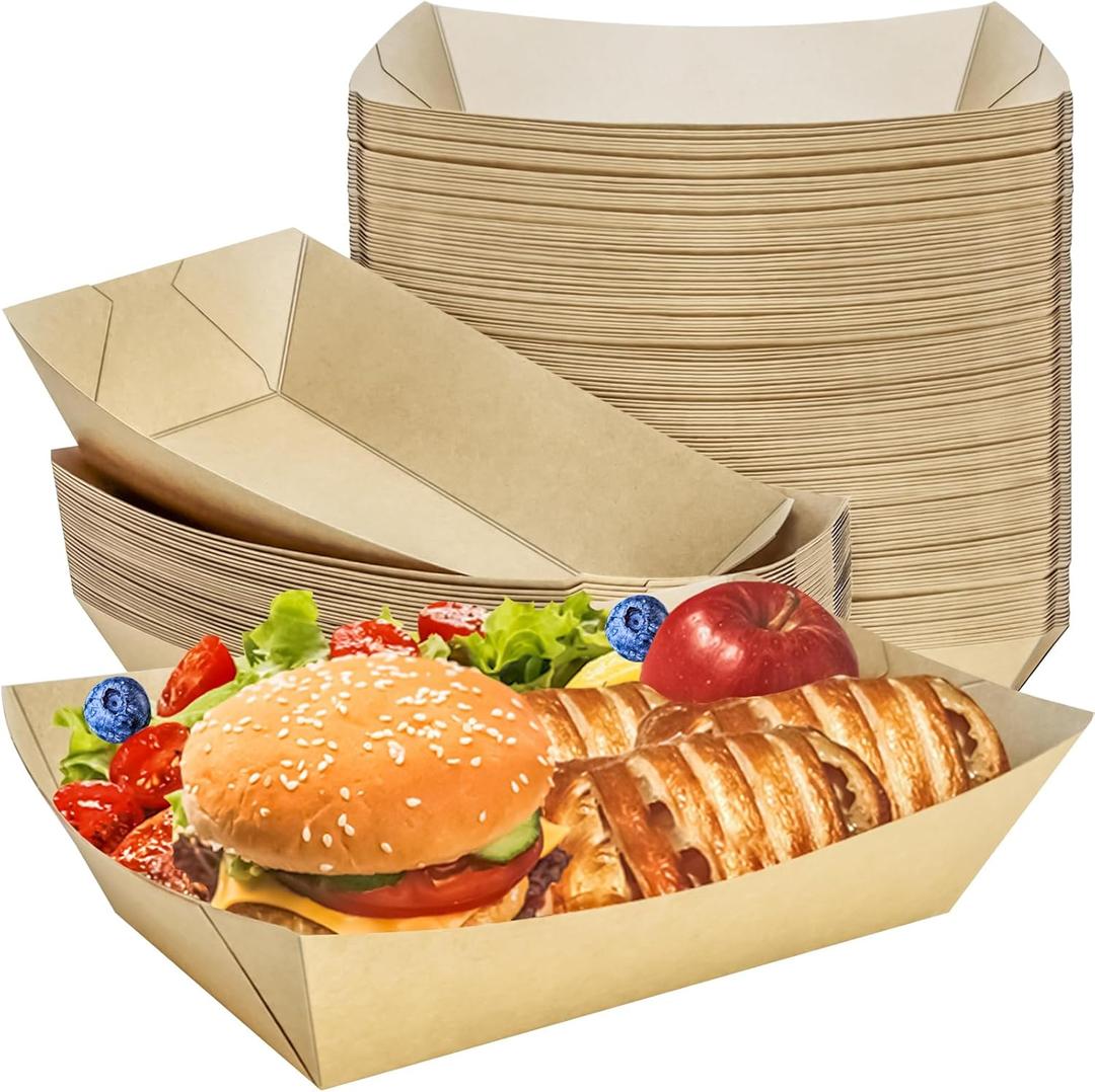 MotBach 50 Pack Extra Large 5LB Paper Food Boats Trays Disposable Paper Boat, Heavy Duty Kraft Food Serving Tray Boat Basket for Snack Popcorn Sandwich Burger Taco BBQ Dessert Fries Nacho