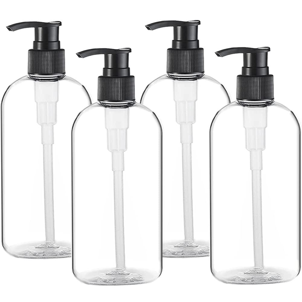 4 x Empty Plastic Pump Bottles Dispenser 4 Pack 16oz/500ml Portable Clear BPA-Free Cylinder Shampoo Lotion Hand Pump Bottle Durable Refillable Containers