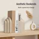 LIN CHUAN Heavy Duty Bookends for Shelves, 6.6 LBS Heavy Book Ends for Heavy Books, Decorative Modern Bookends with Faux Sandstone Look, Layered Arch Book Stopper for Bookshelf Holder Set of 2, Beige