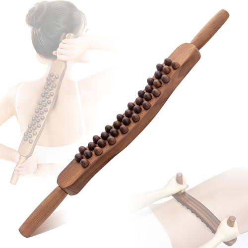 Goodtar Guasha Wood Stick Tools Wooden Therapy Scraping Lymphatic Drainage Massager, Double Row 34 Beads Point Treatment Gua Sha Tools for Back Leg, Anti-Cellulite and Pain Relief(Two Row,34 Beads)