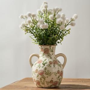 SIDUCAL Ceramic Vintage Pastoral Vase with Handles, 7 Inch Chinoiserie Floral Vase, Retro Ice Cracked Rustic Farmhouse Vases for Home Decor, Living Room, Bookshelf, Office, Tuscan Decor, Red Rose