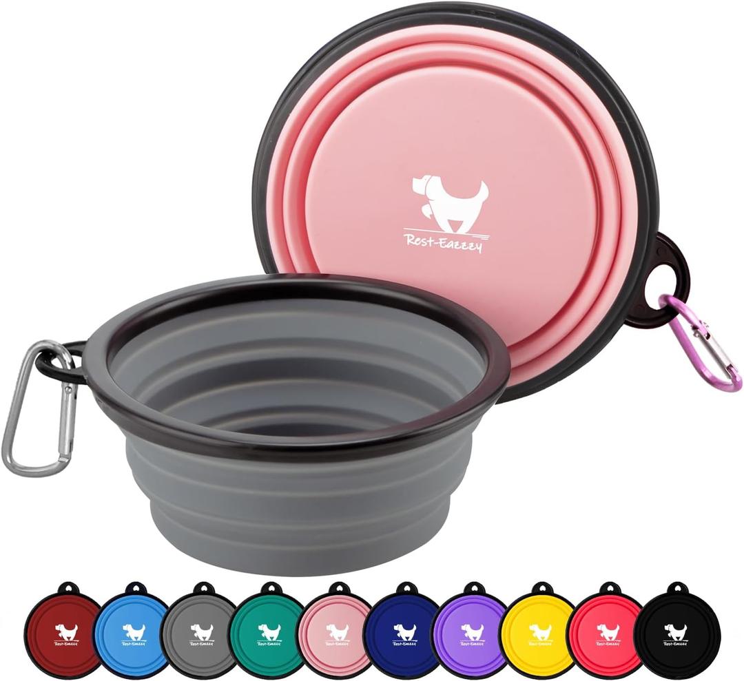 Rest-Eazzzy Large Collapsible Dog Bowls 1000 ml, 2-Pack Dog Portable Water Bowl for Dogs Cats Pet Foldable Feeding Watering Dish for Traveling Camping Walking with 2 Carabiners, BPA Free (Grey&Pink)