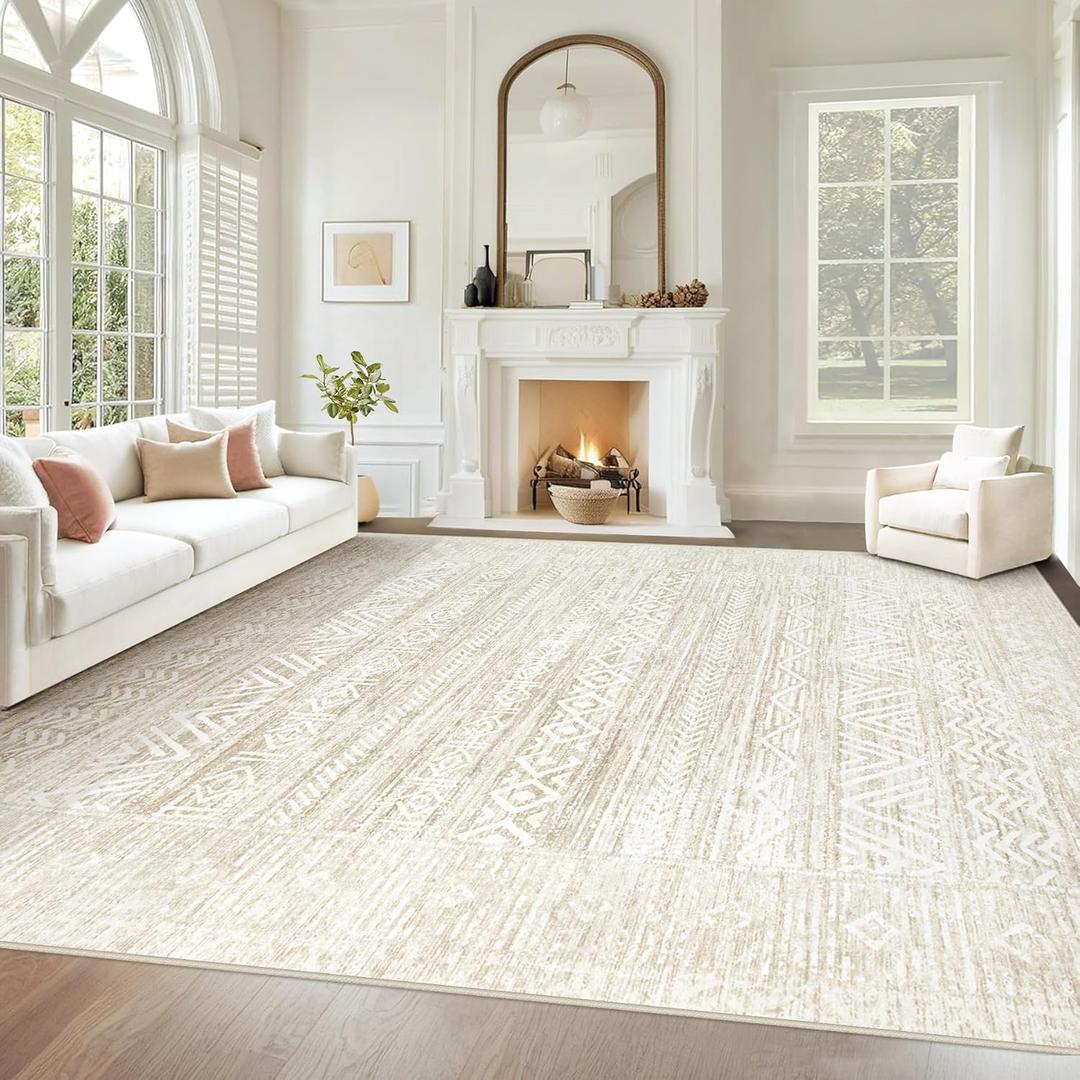 Living Room Rugs 8x10: Washable Moroccan Geometric Boho Rug Farmhouse Non Slip Stain Resistant Large Rug Low Pile Soft Carpet for Bedroom Dining Room Kids Room (Ivory Beige,8'x10')