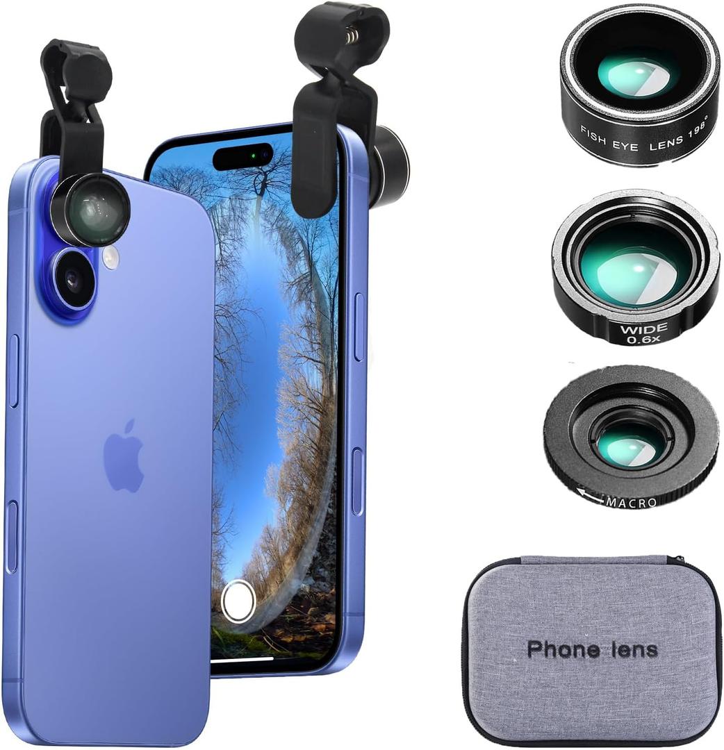 Phone Camera Lens Kit Wide Angle 0.6X Macro 20X Fisheye 198° for Most (Black)