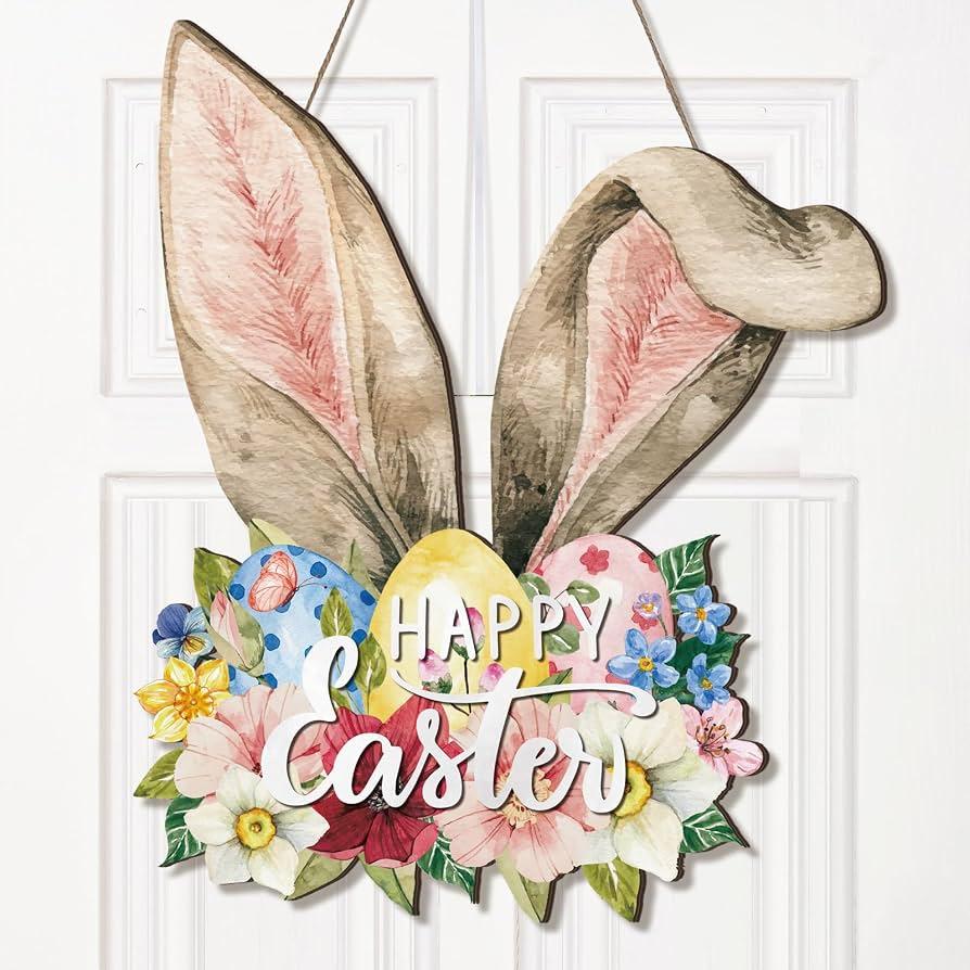 Queekay Easter Door Decorations Bunny Ear Wreaths for Front Door Wooden Easter Spring Hanging Sign Bunny Eggs Decorations Wreath for Spring Holiday Coffee Shop Bakery Porch Decor Wall Pediments