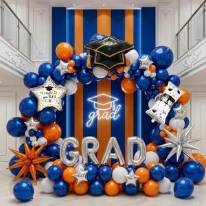 Orange Blue white Graduation Balloon Garland Arch Kit with Graduation Star print Certificate Letter Foil Balloons for Graduate Class of 2026 Grad Prom party Decorations Supplies