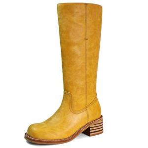 VBDB Wide Calf Boots for Women Mid CalfSquare Toe Chunky Block Heel Long Boots Comfortable Low Heels Casual Fashion Campus Shoes fall Style for Dating, Dressy Everyday Chic Size 9 Wide, Banana Yellow 