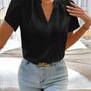 Women's Tops Dressy Casual V Neck Short Sleeve Shirts Summer Chiffon Work Blouse Business Clothes (Black, XXL)