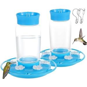 2-Pack Blue Plastic Hummingbird Feeder - 22oz Leakproof Outdoor Feeder, 6 Bee-Proof Ports with Ant Moat, Wide Mouth Easy Clean, Hanging Hook for Trees, Decks