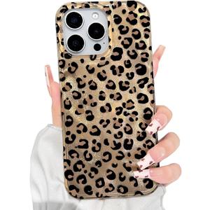 Lovmooful Compatible for iPhone 16 Pro Max Case Cute Cheetah Leopard Print with Glitter Shiny Design with Bumper Protector for Girls Women Soft PC+TPU Shockproof Protective Girly for iPhone-Brown