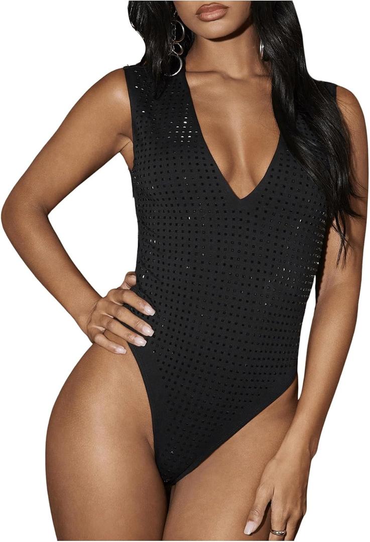 Milumia Women's Glitter Rhinestone Sequin Tank Top Bodysuit Deep V Neck Sleeveless Party Leotards (Black)