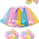 BGFKS Girls Layered Tulle Rainbow Tutu Skirt Sets,Toddler Girl Skirt with Linging,Hairbow and Socks, 2-4T, Light Rainbow