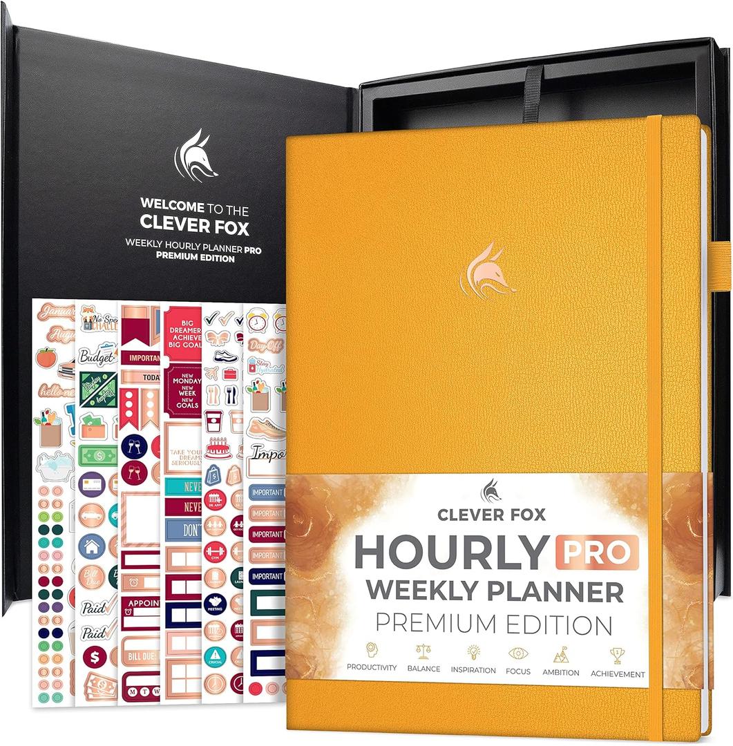 Clever Fox Hourly Planner PRO Premium Undated Schedule Planner with Daily Time Slots Personal Organizer Notebook for Time Management Weekly & Monthly Life Journal, A4 Size (Amber Yellow)