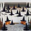 ZeeDix 24 Pcs Halloween Witch Hats Hanging Decor Indoor, Black Floating Witches Hat with 98 Ft Hanging Rope, Wizard Costume Accessories Outdoor Halloween Decorations for Home Yard Porch Ceiling