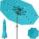9FT Patio Umbrella with Solar Lights,Outdoor Market Umbrella with Tilt and Crank, LED Lighted Table Umbrella for Garden,Deck,Backyard,Pool,Beach (Light Blue)