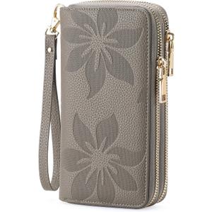 GOIACII Women's Wallet Large Capacity Double Zip Ladies Card Phone Holder RFID Blocking Wristlet Leather (A10 Gray)