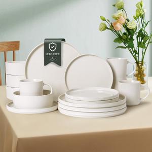 MONITO Ceramic Dinnerware 16 Pieces Dinner Set,Plates Pasta Bowls Cereal Bowls Reactive Change Glaze Dish Sets, Modern Stoneware Dishes,Gift, Creamy white
