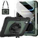 Ambison for iPad Pro 11 Inch Case 2024(M4, 5th Generation),with 9H Tempered Glass Screen Protector,Full-Body Heavy Duty Shockproof Protective Cover with 360 Rotate Strap Stand,Pencil Holder-Green