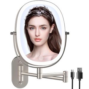 FUNTOUCH Rechargeable Wall Mounted Lighted Makeup Mirror, Oval Double-Sided Mirror 1X/10X Magnifying Wall Mounted,3 Color Lights Touch Screen Dimmable 360Swivel 13 Inch Extendable (Silver)