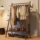 Yoobure Solid Wood Clothes Rack - Heavy Duty Clothing Racks for Hanging Clothes with 8 Hooks, Portable Garment Rack for Dress Shirt Shoe, Freestanding Wardrobe Coat Racks with Shelf for Closet Bedroom
