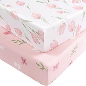 Nyessmee Baby Crib Sheets Girl, Fitted Crib Sheets 52" x 28", Soft Breathable Microfiber Sheets for Standard Crib and Toddler Mattress, 1-Pack Pink Tulips