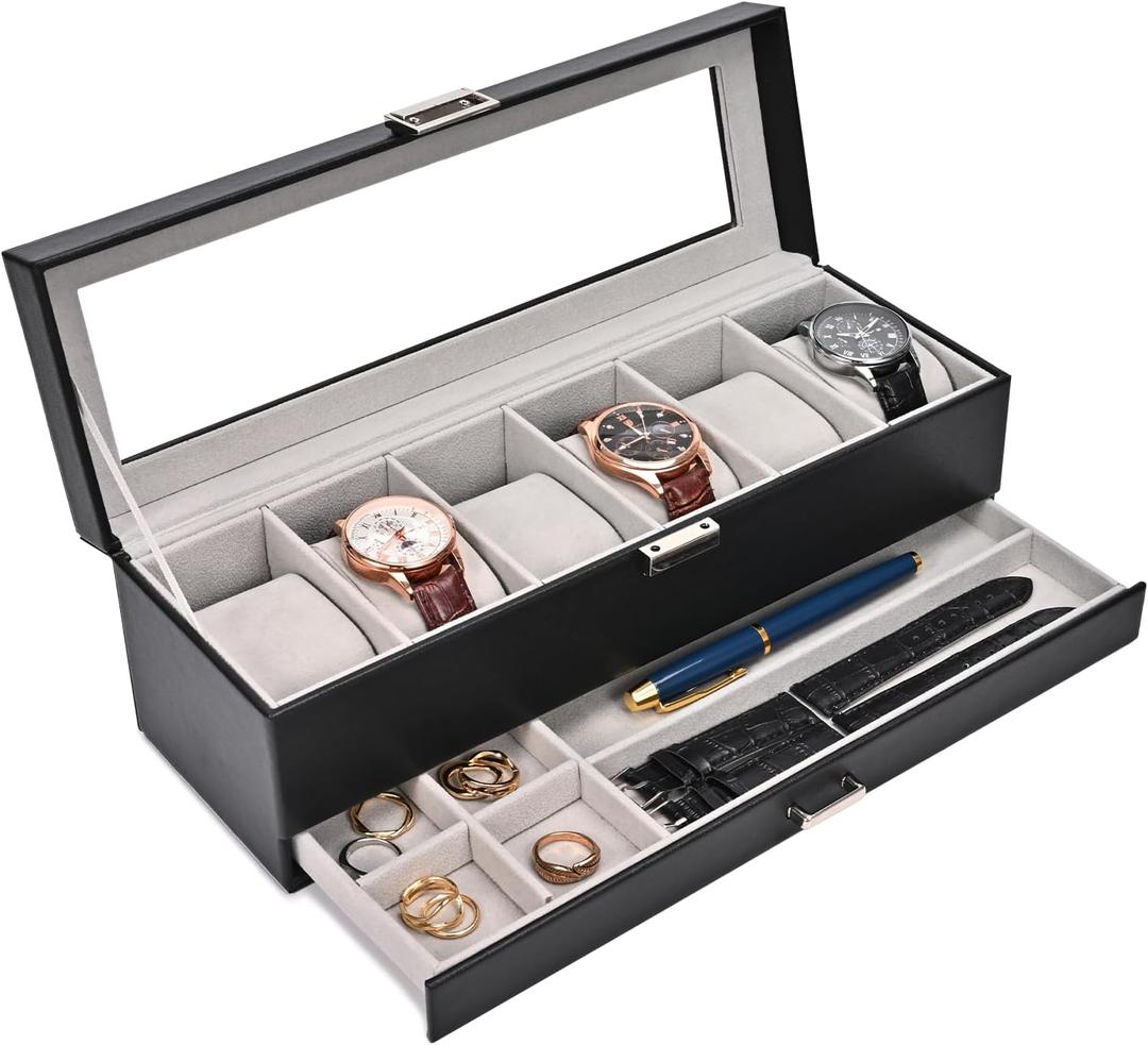 ProCase Watch Box, 6 Slot Watches Display Case with Drawer, Mens Watch Case with Glass Lid, 2-Layer Mens Jewelry Organizer Storage Holder, Birthday Valentine Gifts for Men -6 Slot, Black 