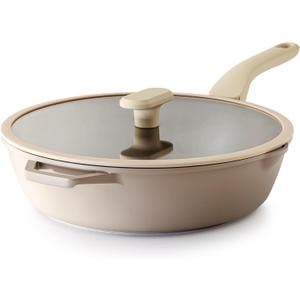 PRICUSIS Nonstick Deep Frying Pan with Glass Lid, 12 Inch (4.8 qt), 5X Durable Nonstick Saut Pan, Scratch & Stain Resistant, PFOA Free, Induction Compatible, Dishwasher & Oven Safe, Natural Linen