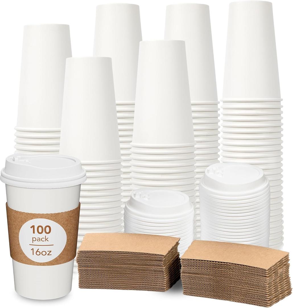DAILYLIFE 16oz Disposable Coffee Cups with Lids & Sleeves-100 Pack, To Go Coffee Cups, Bulk Thickened Paper Cups for Hot Drinks, Leak Proof & DIY Customizable for Home, Office, Parties and Stores