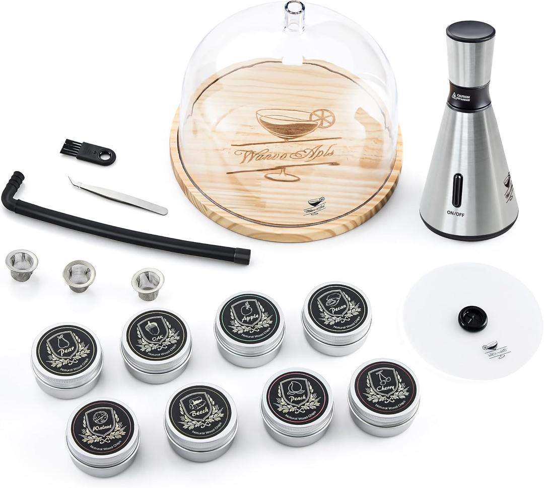Elegant Cocktail Smoker Kit - Complete Whiskey Drink Smoking Gun with 8 Flavors of Wood Chips, Dome, and Accessories, Adds Flavor to Food and Drinks, Infuser Kit for Indoor Outdoor Use (Silver)