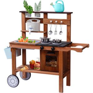 ROBUD Mud Kitchen for Kids Outdoor with Wheels, Wooden Outdoor Play Kitchen, Kids Mud Kitchen with Removable Sink & Faucet, Monteeori Toys for Children Ages 3+ Years, WG403