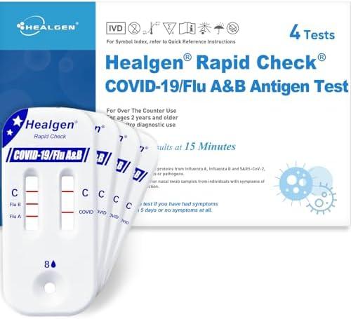 Healgen Rapid Check COVID-19, Flu A&B Antigen Test Kit, The First FDA Authorized OTC 3-in-1 Flu & COVID Home Test, Easy to Read Dual Windows, Results in 15 Mins, 18-Month Shelf Life, 4 Test, Expiration Date  2026-03-31
