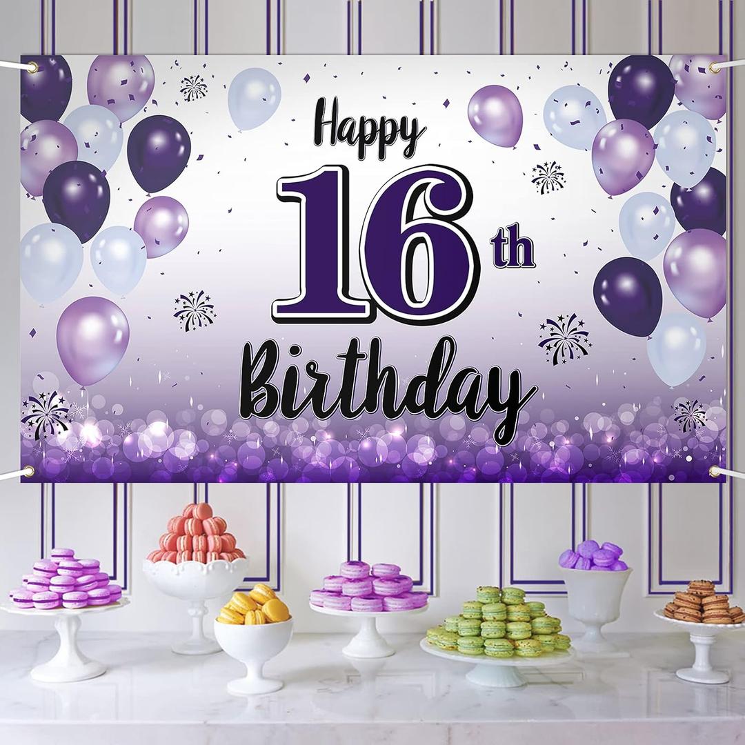 Happy 16th Birthday Decorations,16th Purple Balloon Large Birthday Banner Backdrop Sign,Cheers to Sixteen Years Old Bday Party Supplies.
