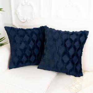 Dark Blue Throw Pillow Covers 20x20 Set of 2 Decorative Farmhouse Couch Throw Pillows Boho Shells Cute Soft Plush Wool Winter Pillowcases for Bedroom Living Room Sofa