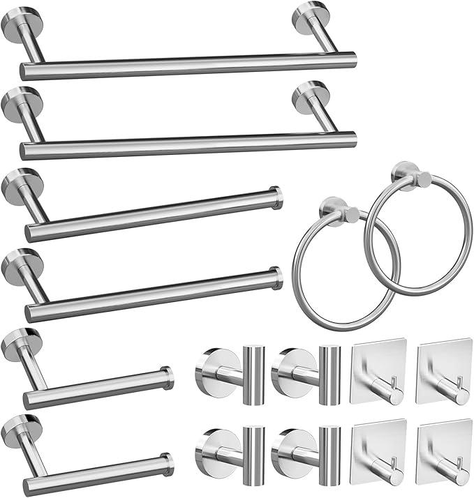 Round Brushed Nickel Bathroom Hardware: 16 Pieces Stainless Steel Bath Accessories Set，Bath Towel Bar Set,Towel Ring， Towel Racks for Bathroom Wall Mounted.