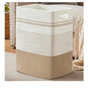 Laundry Hamper, Large Woven Rope Tall Laundry Basket with Handles, 22" X 17" X 13", Decorative Storage Basket for Clothes and Blankets in Living room, Bedroom, Jute & White