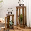 TIMRIS Large Farmhouse Wooden Metal Lantern Set of 2, Rustic Decorative Floor Candle Lanterns, Vintage Distressed Hanging Lanterns for Home Dcor (No Glass)