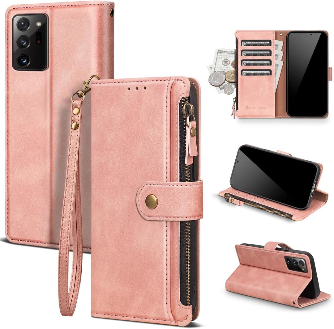 Compatible with Samsung Galaxy Note 20 Ultra 5G Wallet Case with Card Holder RFID Blocking Zipper PU Leather Case Flip Protective Cover Wrist Strap Credit Card Slots Men Women,Rose Gold