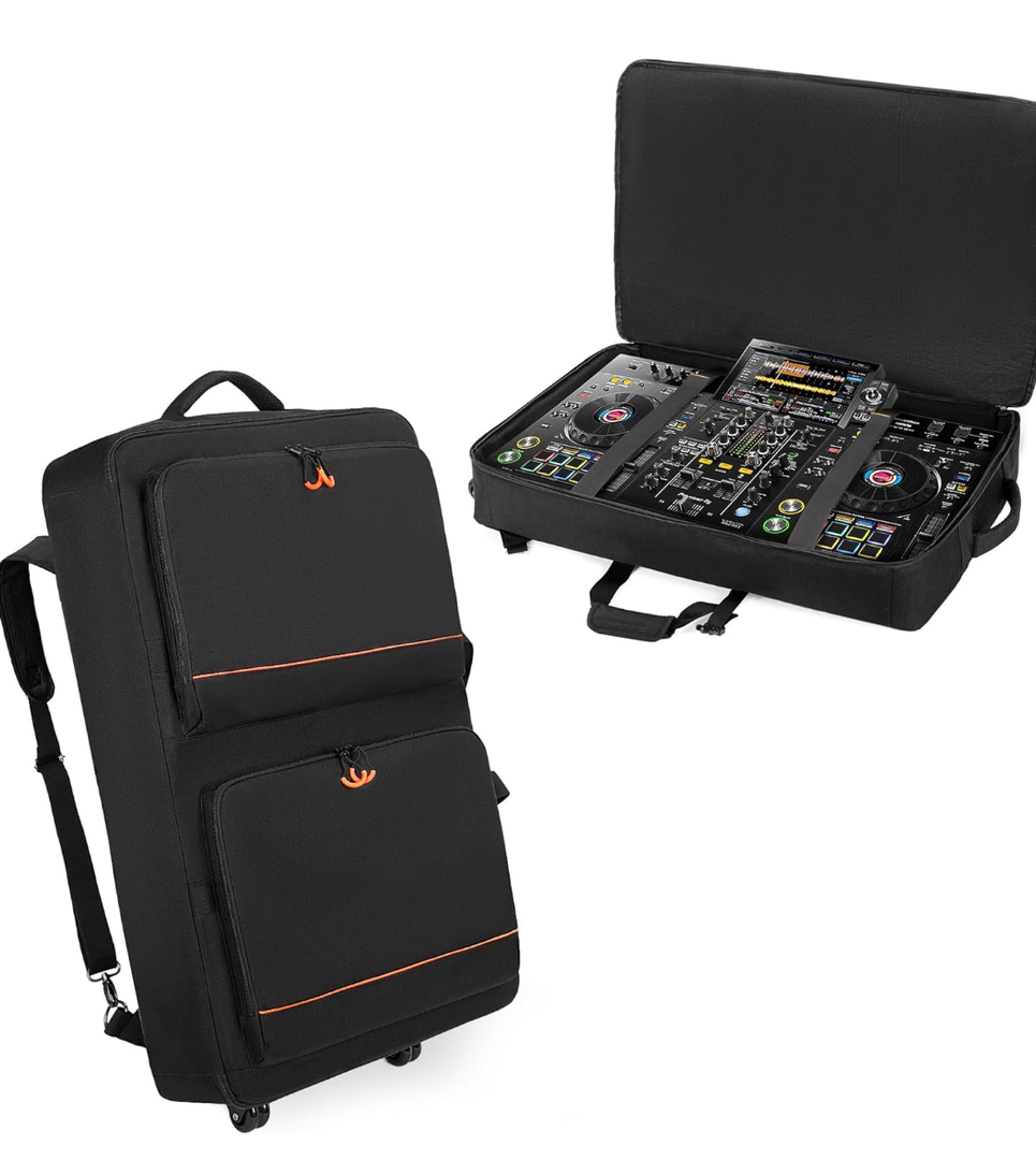 DJ Controller Bag Backpack with Wheels Compatible with Pioneer XDJ RX2/ XDJ RX3/ XDJ-RX/DDJ FLX10/ DDJ REV7/ DDJ 1000, Wheeled DJ Carrying Case with 2 Accessory Pocket, Padded DJ Mixer Bag 32x22in