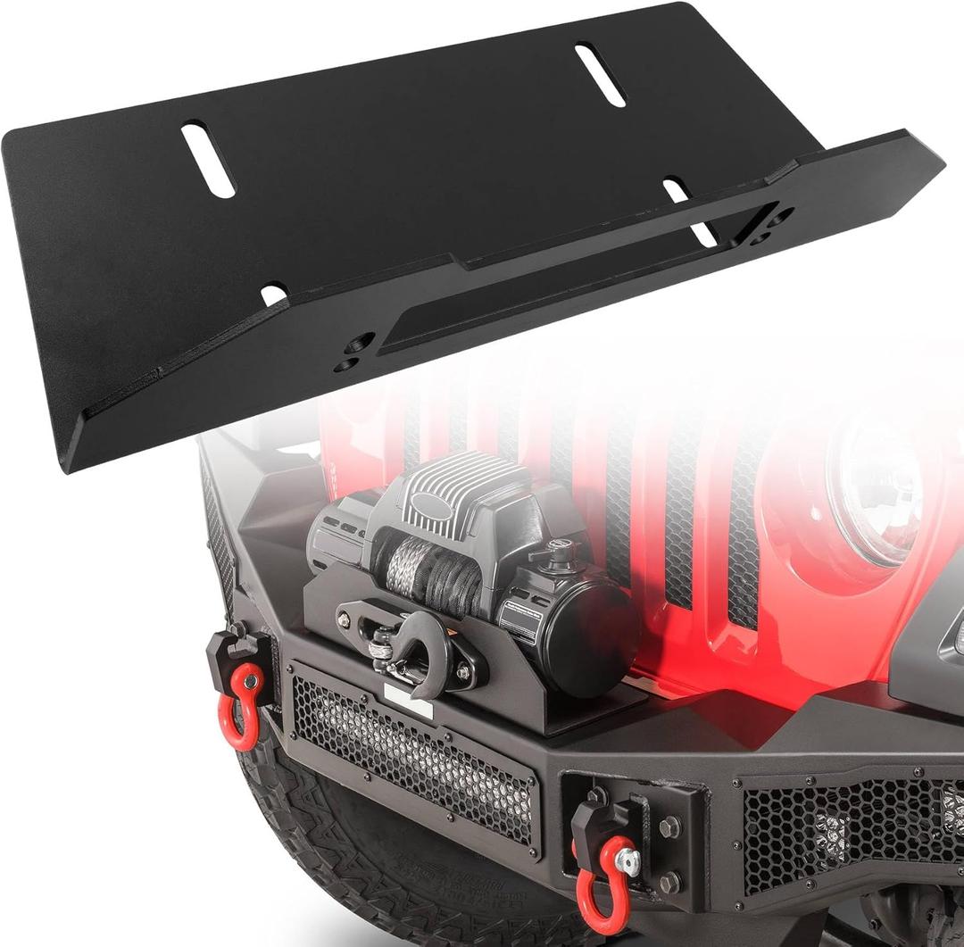 332000T Winch Mounting Plate Fairlead Mount Bracket Fit for Go Rhino Rockline front bumpers, for up to 12,000 pound capacity winch , Galvanized Steel, Textured Black