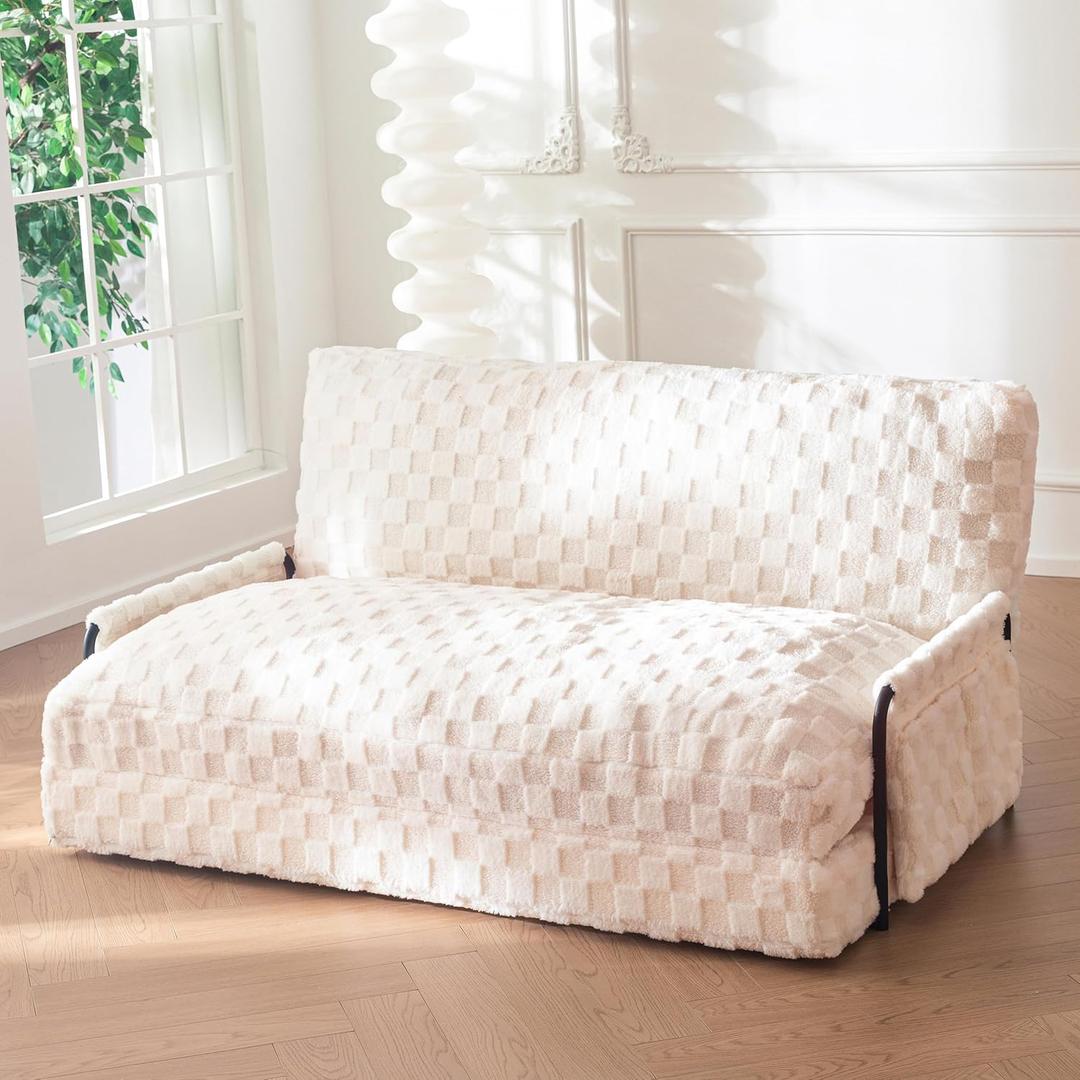 YOSHOOT Adjustable Lazy Floor Sofa, 5-Position Foldable Sleeper Chair with Armrest for Reading, Gaming - Convertible Bean Bag Sofa Bed Couch (Full, Fur Beige)