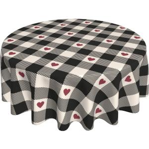 BETGINY Checkered Valentines Tablecloth Round 60 Inch,Black Plaid Table Cloth,Stain Resistance Polyester Red Heart Memorial Day Table Covers for Kitchen Dining,Small Tablecloth for Parties Picnic