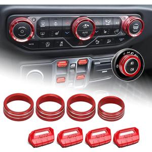 Red Metal Control Knob Covers, Compatible with Jeep Wrangler JL/JLU 2018-2025 & Gladiator JT Accessories  Window/AC/Radio Button Protectors(8PCS, RED)