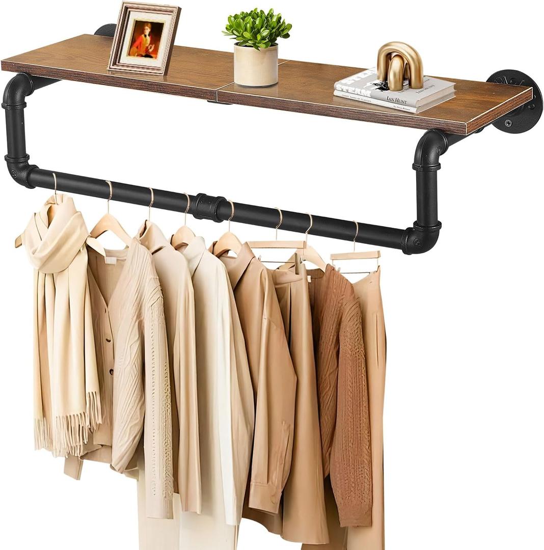 Industrial Pipe Clothing Rack with Top Shelf, Closet Poles for Hanging Clothes, Heavy Duty Iron Garment Racks Wall Mounted, 27.6x10.2x5.9 Inch, Black
