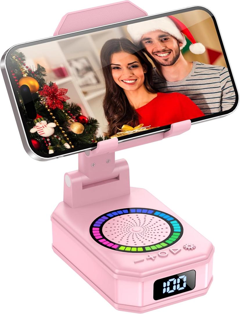 Gifts for Men Women, Cell Phone Stand with Wireless Bluetooth Speaker, Colorful LED Lights, Anti-Slip Base HD Surround Sound, Rechargeable (3000mAh), Gift for Teens, Men, Women for Christmas Pink